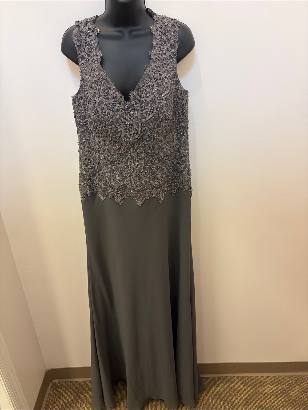 Montage by Mon Cheri Beaded Lace Bodice Maxi Dress in Charcoal Gray